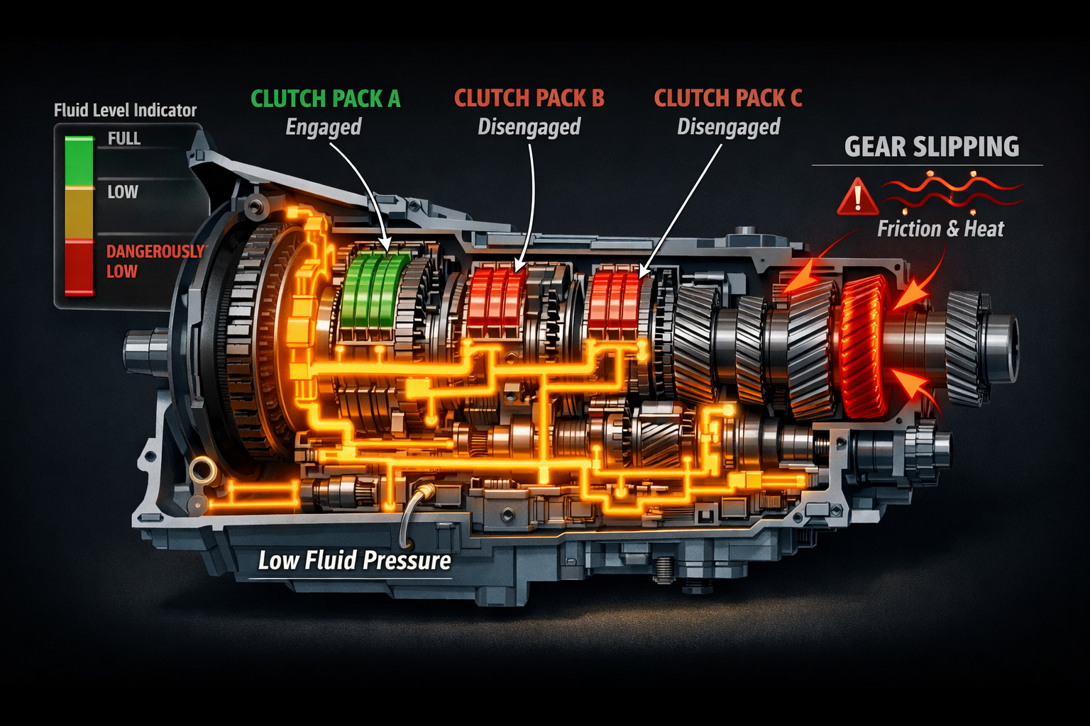 diagram of an automatic transmission with highlighted hydraulic fluid