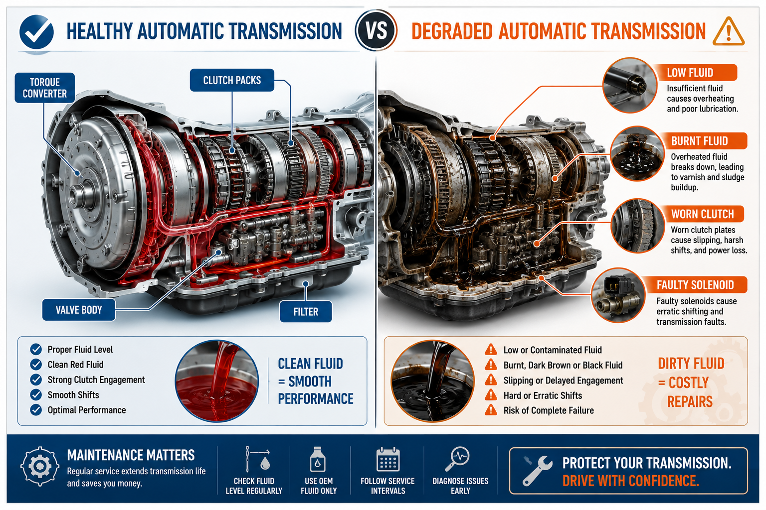 Detailed () informational illustration showing a split-screen comparison: left side depicts a healthy automatic transmission
