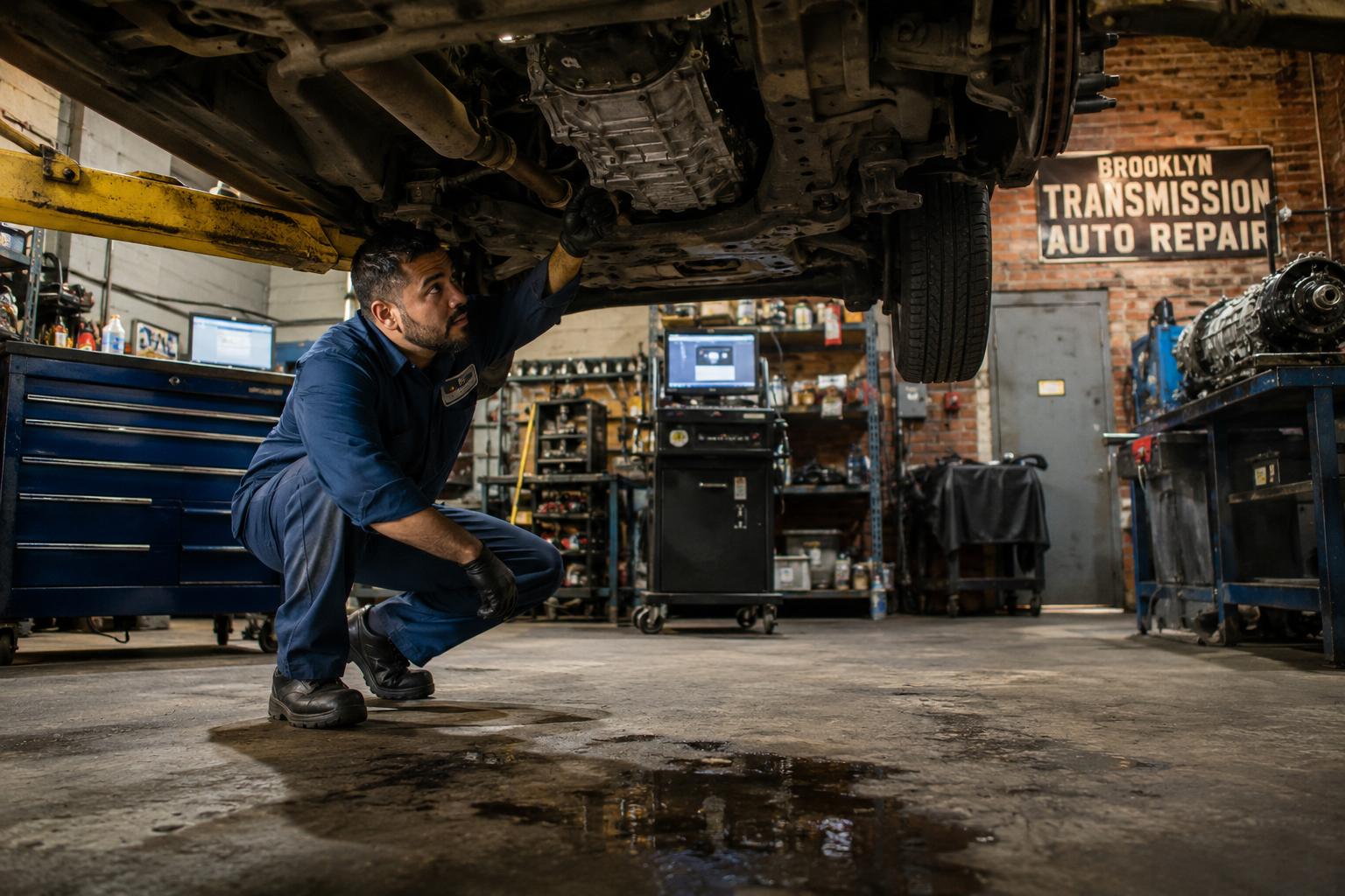 auto repair shop bay, Mechanic checking a car
