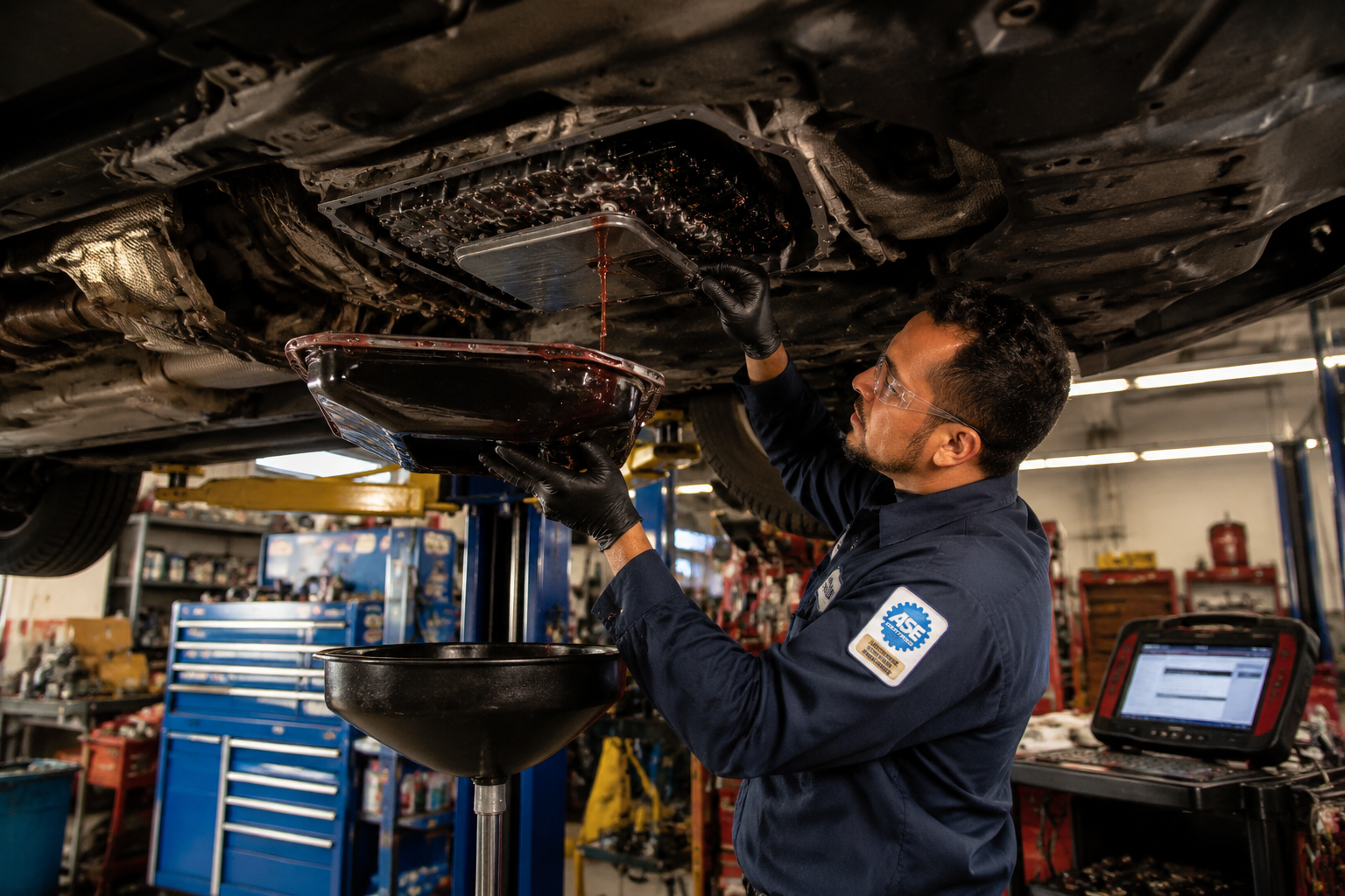 Detailed () scene inside a professional Brooklyn auto repair shop, showing a certified mechanic in a blue uniform performing